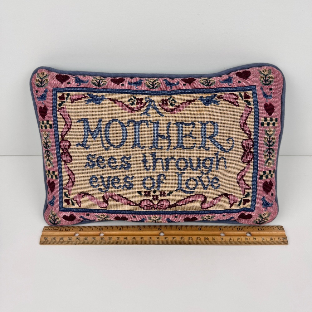 Vtg‎ Needlepoint Mother Sees Through eyes of Love Quote Decor Pillow Rectangular